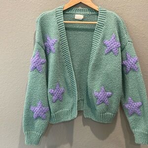 Dreamers by Debut chunky knit green cardigan with purple stars